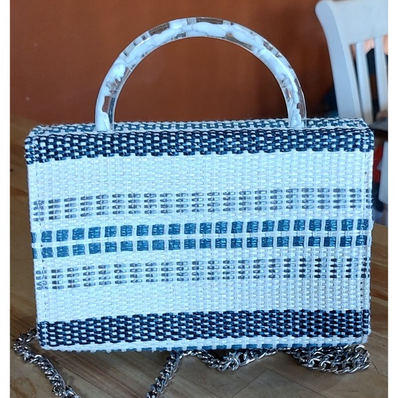 Teal Blue & Cream Stripe, Faux Rattan Square Mini Crossbody Purse - Picture 2 of 10